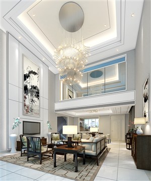白色新中式风格别墅客厅装修效果图