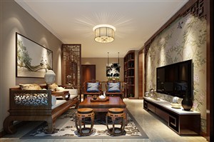 两居室新中式风格客厅装修效果图彩色中国壁画装饰