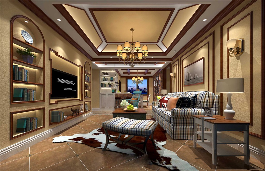 红木描边框形设计美式风格客厅装修效果图两居室设计