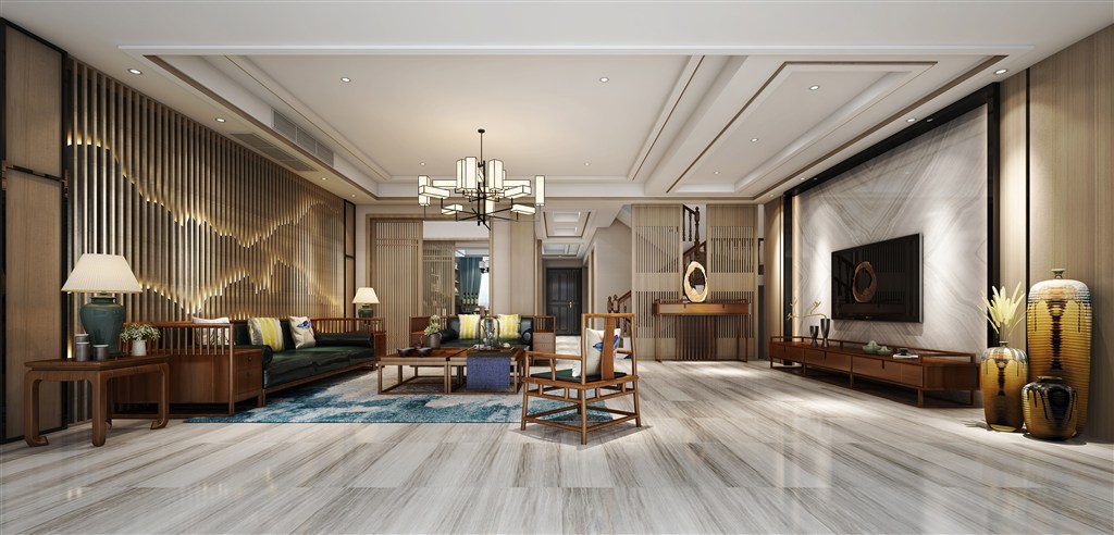 四居室客厅装修效果图新中式风格宽敞明亮