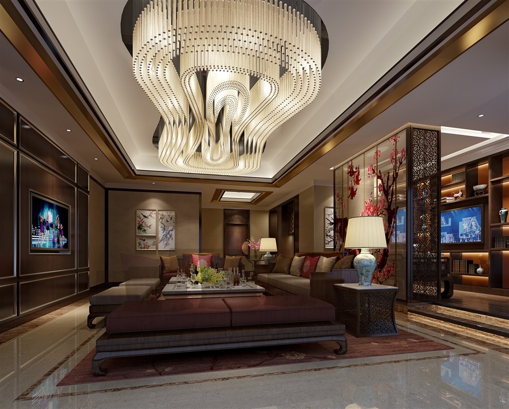 会唱歌的水晶灯装饰四居室客厅装修效果图新中式风格设计