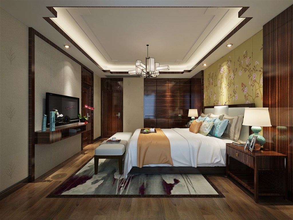 中国山水画地毯装饰新中式风格卧室装修效果图