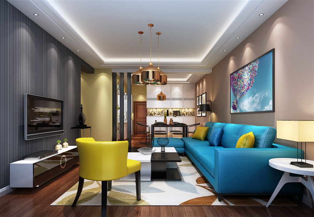 现代风格蓝色沙发装饰客厅装修效果图三居室设计