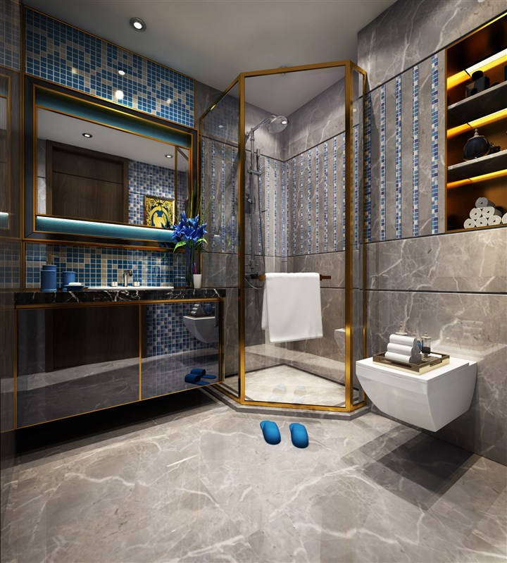 蓝色小方格瓷砖装饰设计卫生间装修效果图