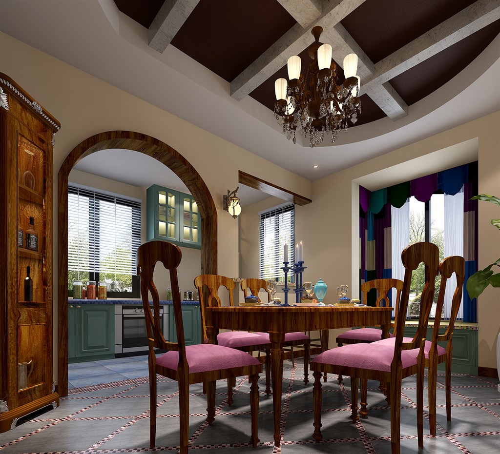 枫木家具搭配粉红餐椅装饰餐厅装修效果图地中海风格设计