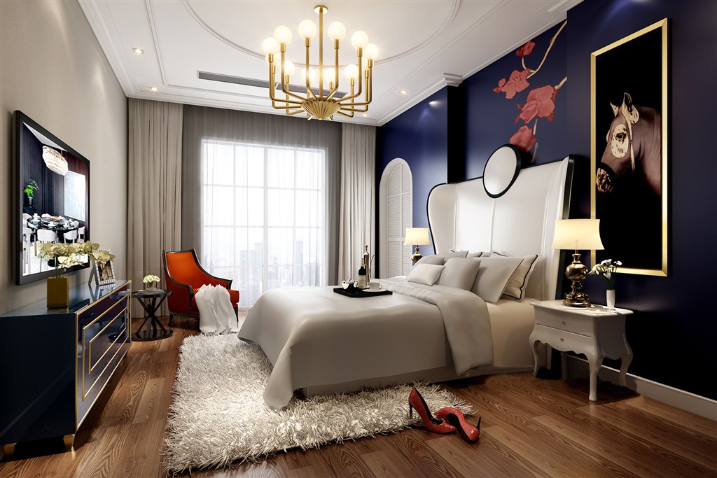深蓝色背景墙红色手绘花装饰主卧室装修效果图欧式风格设计