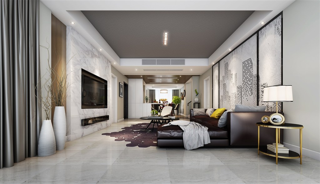 大幅城市几何画装饰三居室客厅装修效果图现代风格设计
