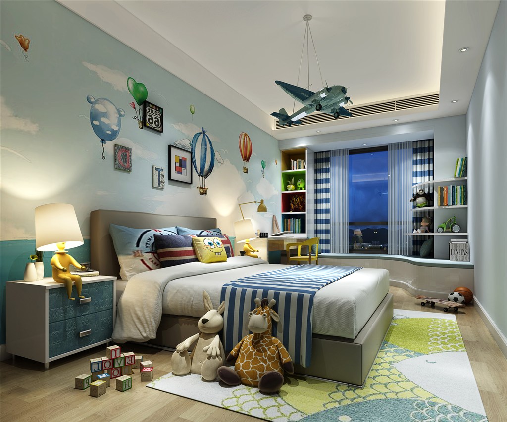蓝色天空热气球装饰儿童房卧室装修效果图
