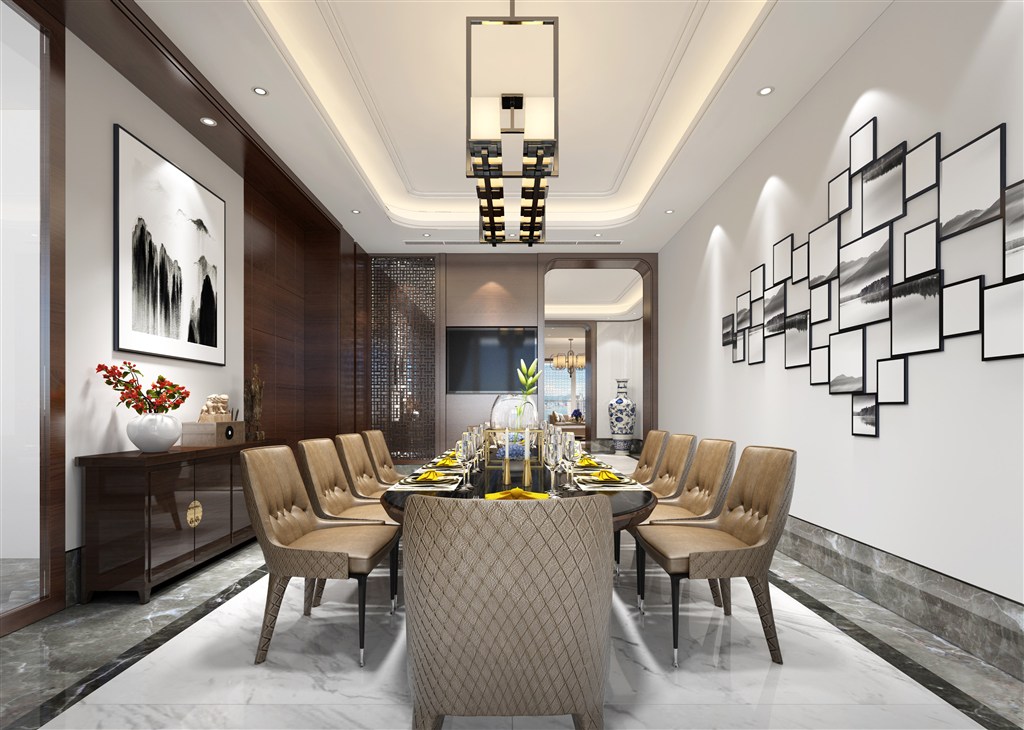 棕色皮沙发餐椅家具餐厅装修效果图新中式风格设计