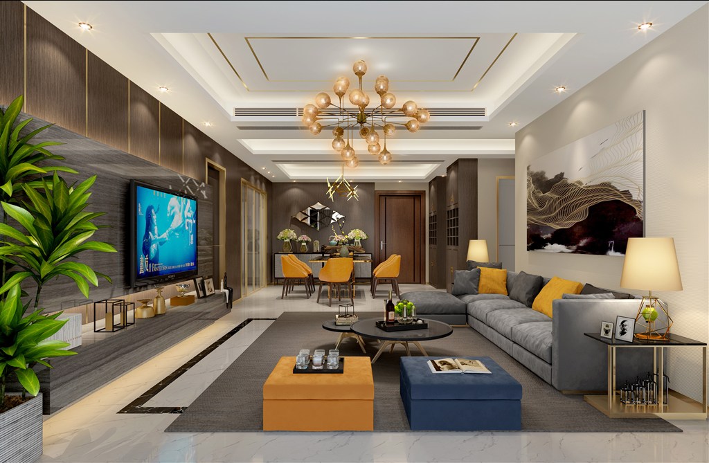三居室客厅装修效果金色球形吊灯装饰设计