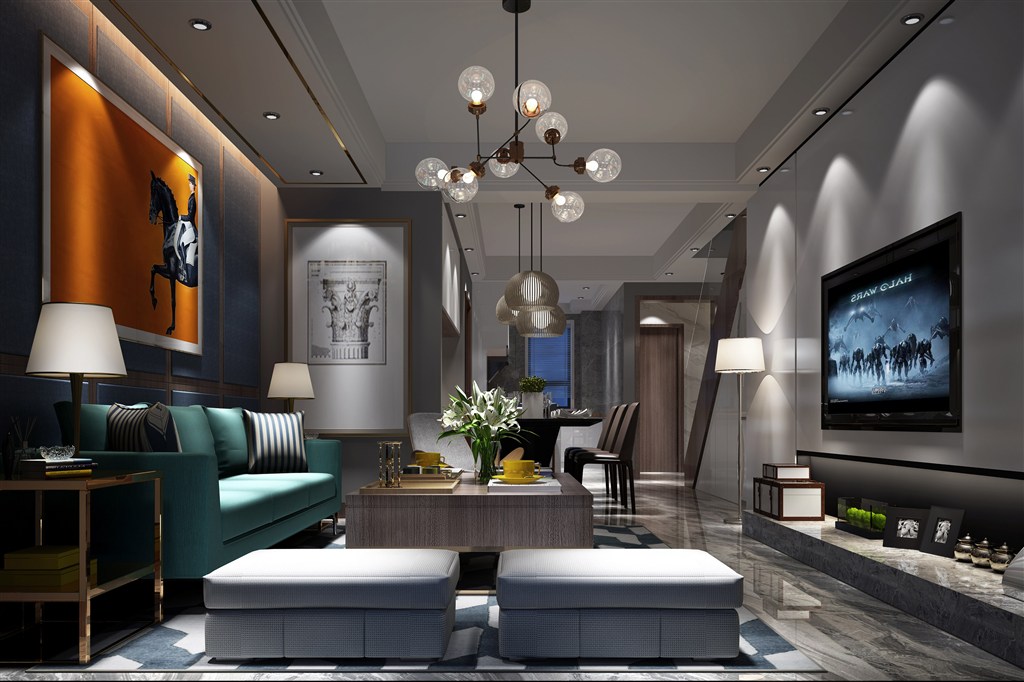 橙色壁画装饰两居室客厅装修效果图现代风格设计