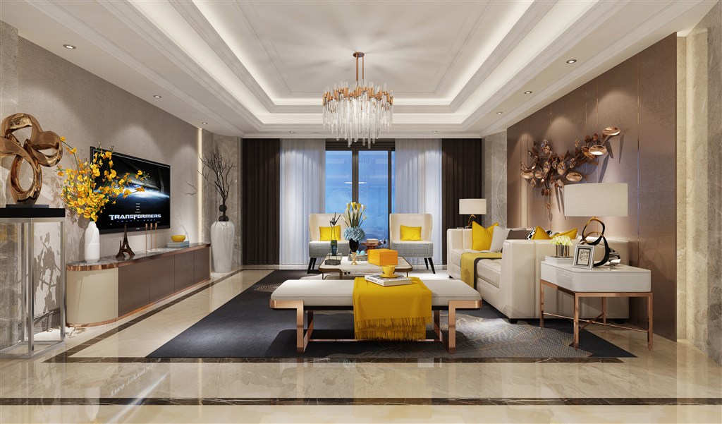 金色调亮黄色点缀客厅装修效果图现代金属感风格设计