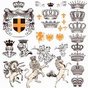 欧式繁复手绘素描高贵皇家皇冠战盔战马盾牌标志徽章旗帜图案矢量素材 