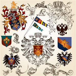 欧式繁复手绘素描花纹高贵皇家盾牌皇冠标志徽章旗帜图案矢量素材