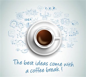 俯视的咖啡杯与卡通手绘主意点子想法图表信息图案图标组合海报设计矢量素材