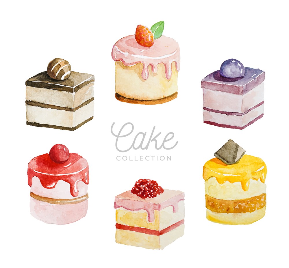 6款水彩绘美味蛋糕矢量素材