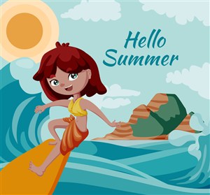 卡通夏季海上冲浪的女孩矢量素材 
