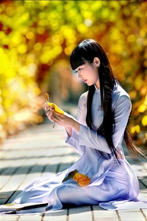 捡树叶的越南旗袍美女图片