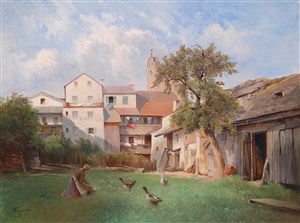 乡村人物房子风景油画图片