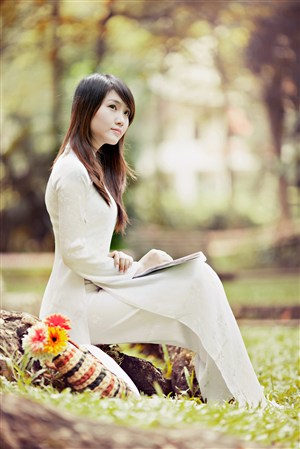 坐在树墩上的越南旗袍美女图片