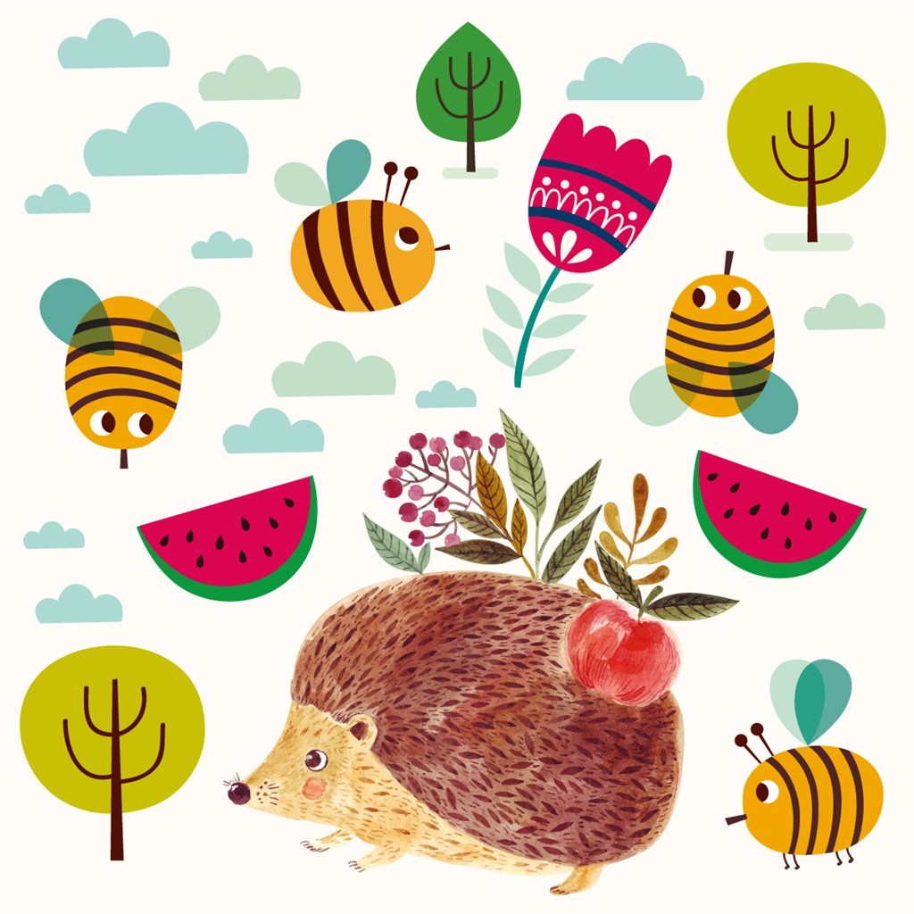 可爱卡通水彩手绘森林刺猬蜜蜂童话儿童插画背景