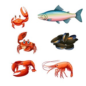 可爱卡通海洋生物动物鱼类螃蟹龙虾海鲜插画插图背景