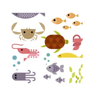 可爱卡通海底世界海洋生物动物鱼类海龟儿童插画插图背景