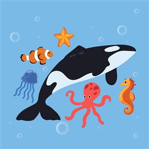 可爱卡通海底世界海洋生物动物鱼类鲸鱼章鱼儿童插画插图背景