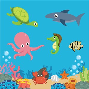 可爱卡通海底世界海洋生物动物章鱼鲸鱼乌龟儿童插画插图背景