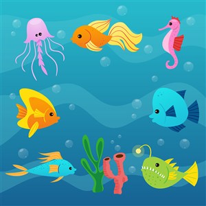 可爱卡通海底世界海洋生物动物水母海马鱼类儿童插画插图背景