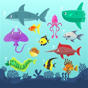 可爱卡通海底世界海洋生物动物鲨鱼类儿童插画插图背景