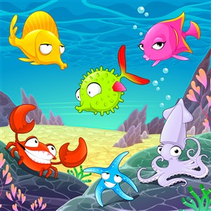 可爱卡通海底世界海洋动物章鱼螃蟹海星鱼儿童插画插图背景