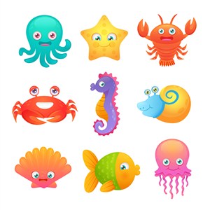 可爱卡通海底世界海洋动物章鱼螃蟹海马鱼类儿童插画插图背景
