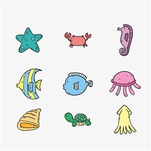 可爱卡通海底海洋动物乌龟章鱼海螺螃蟹海星鱼儿童插画插图背景