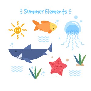 可爱卡通海底世界海洋动物鲨鱼水母海星鱼儿童插画插图背景