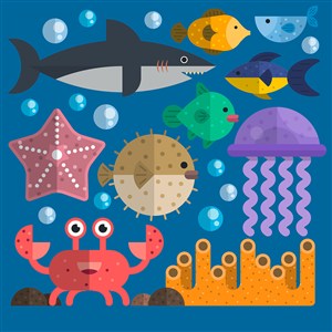 可爱卡通海底世界海洋动物水母螃蟹海星鲨鱼类儿童插画插图背景