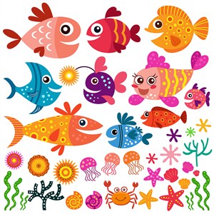 可爱卡通海底世界海洋动物水母螃蟹海星鱼类儿童插画插图背景