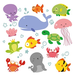 可爱卡通海底世界海洋动物章鱼乌龟螃蟹鲸鱼类儿童插画插图背景