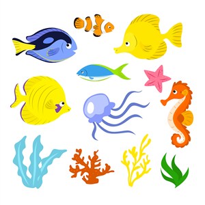可爱卡通海底世界海洋动物水母海马水草海星鱼儿童插画插图背景