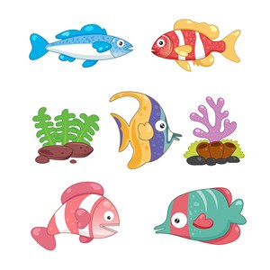 可爱卡通海底世界海洋动物鱼类水草儿童插画插图背景