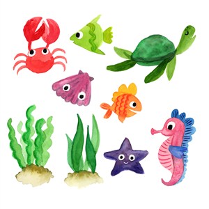 可爱卡通水彩手绘海洋动物螃蟹海星乌龟水草鱼类儿童插画插图背景