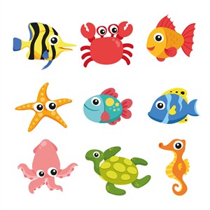 可爱卡通海底世界海洋动物章鱼螃蟹海星海龟鱼儿童插画插图背景