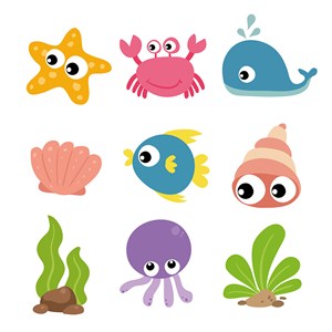 可爱卡通海底世界海洋动物章鱼螃蟹鲸鱼海星鱼儿童插画插图背景