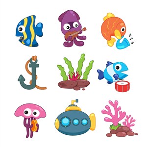 可爱卡通海底世界海洋动物章鱼潜水艇水草儿童插画插图背景