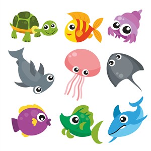 可爱卡通海底世界海洋动物海龟鲨鱼水母儿童插画插图背景