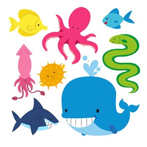 可爱卡通海底世界海洋动物章鱼鲸鱼鲨鱼儿童插画插图背景