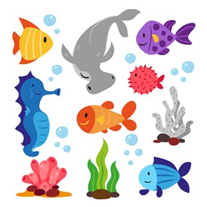可爱卡通海底世界海洋动物鲨鱼海马鱼类水草儿童插画插图背景