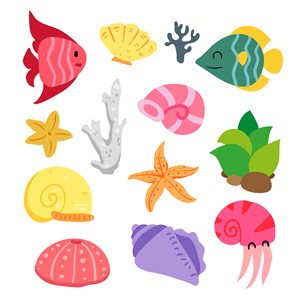 可爱卡通海底世界海洋动物海螺贝壳海星鱼类儿童插画插图背景