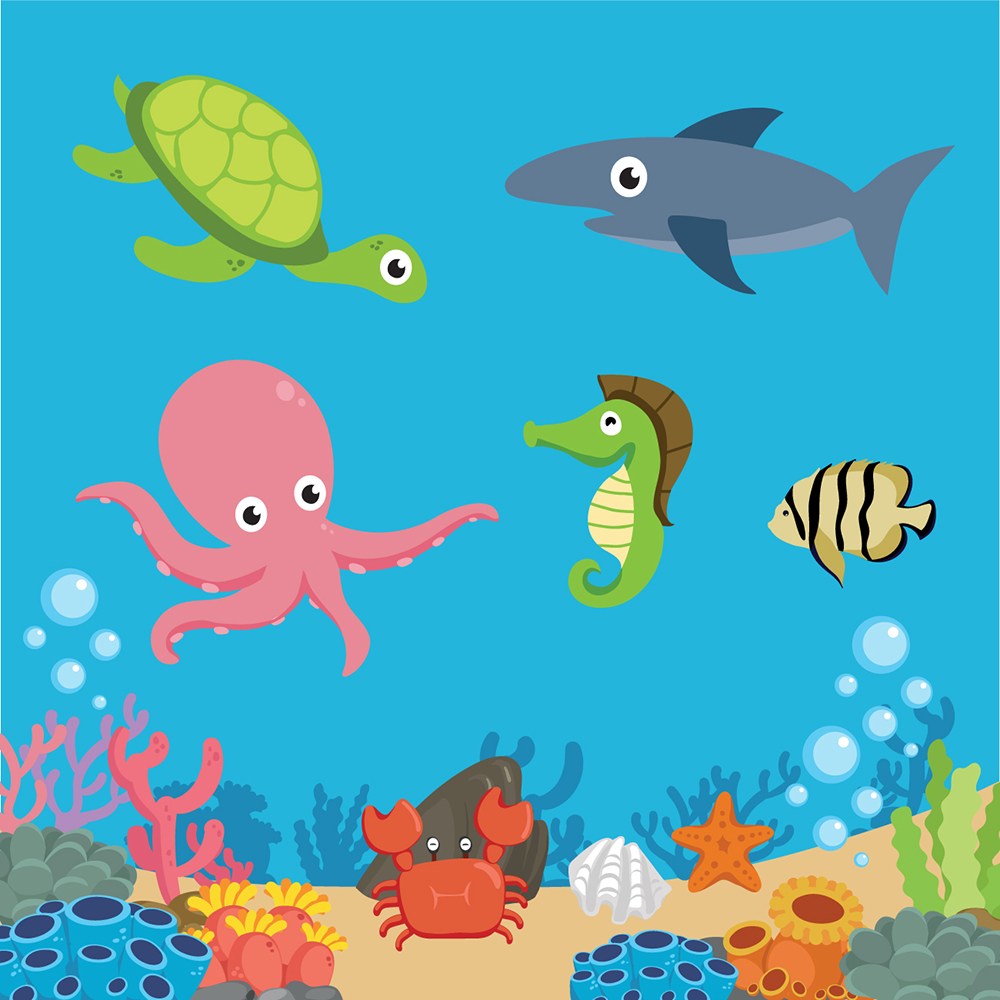 可爱卡通海底世界海洋生物动物章鱼鲸鱼乌龟儿童插画插图背景