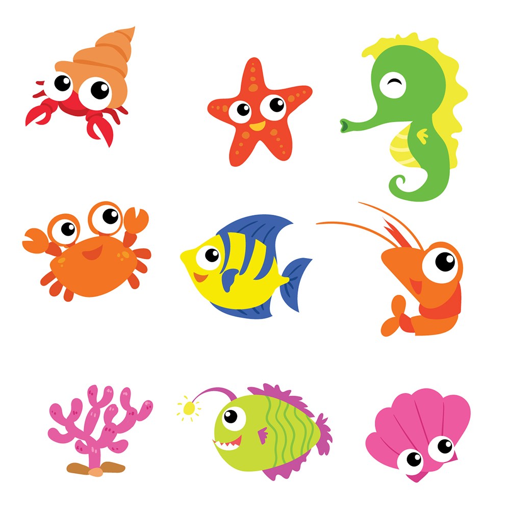 可爱卡通海底世界海洋动物海马螃蟹海星鱼儿童插画插图背景